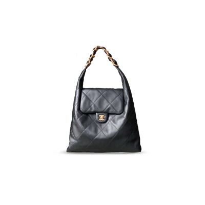 CHANEL LARGE HOBO BAG CALFSKIN & GOLD METAL BLACK 496584 (36*34*12cm)